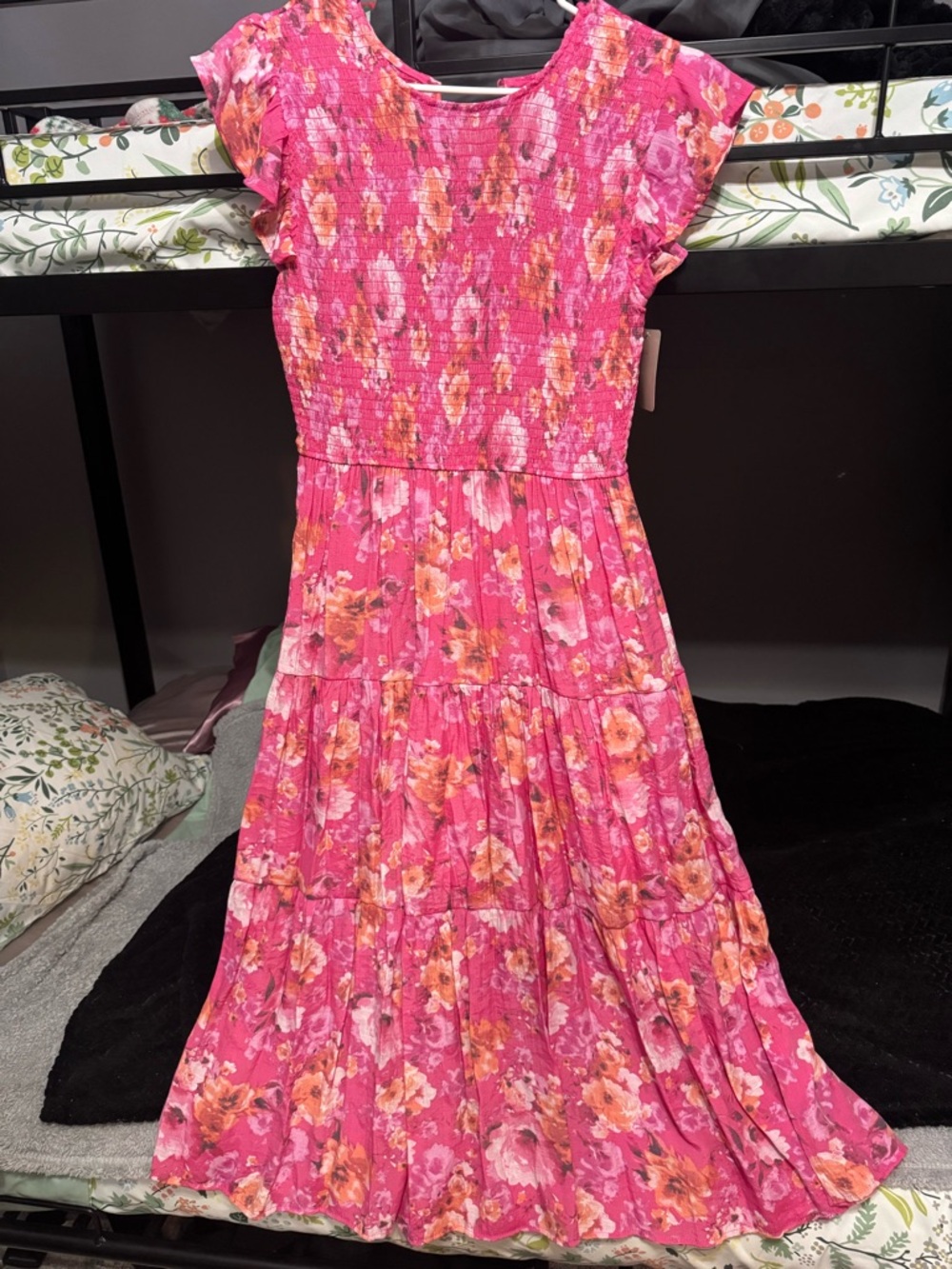 Bright Pink Floral Tiered Maxi Dress